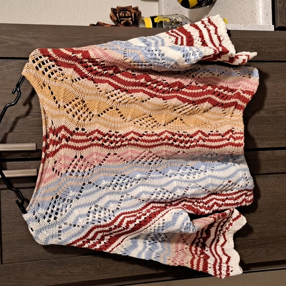 New Multicolor Stripe Knit Hollow Out Drop Shoulder Sweater - Picture 11 of 12